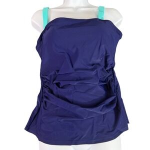 NWOT Womens Tankini Swim Top Navy Blue Turquoise Straps Tummy Control Size L